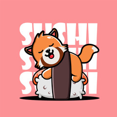 Cute  red panda Sleeping on Sushi vector illustration
