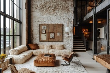 Fototapeta premium Modern open space loft with white shaggy rug and exposed brick wall featuring comfortable designer furniture