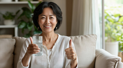 Asian woman on stylish sofa holding glass of water in sunny living room