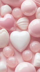 Obraz premium Valentines Day heart-shaped candies on pink surface, pastel colors, background
