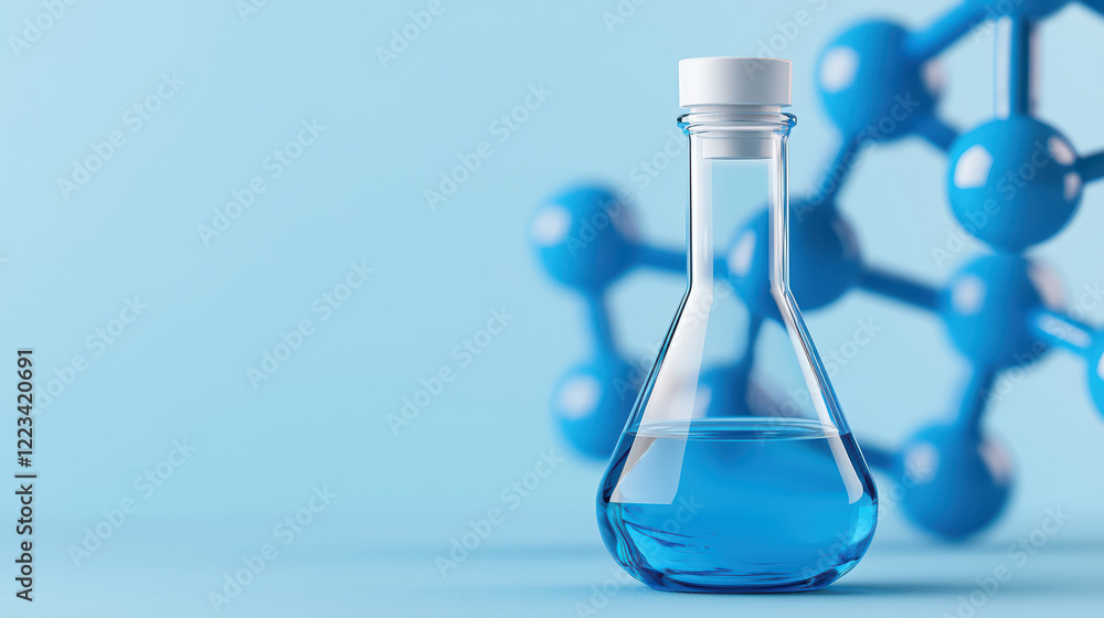 Poster laboratory flask with blue liquid and molecular structure in background
