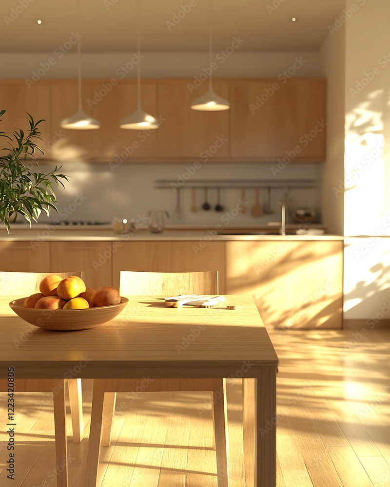 Wall mural A modern kitchen with a light wooden dining table and chairs, a bowl of fruit in the center, and pendant lights hanging above