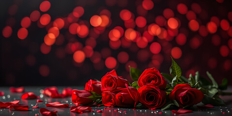 Beautiful Valentines day background with red roses with a red bokeh romantic background with sparkles and lights. Love couple date night and anniversary concept decoration design. Red roses wallpaper