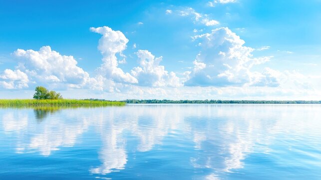 Serene lake reflecting clouds, tranquil summer day, nature landscape, ideal for travel brochures
