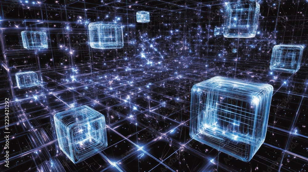 Poster glowing cubes float in a digital network space