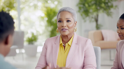 Business meeting with African American female manager discussing in office setting, gender equality concept, AI generated