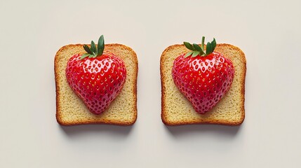 Two strawberry slices on toast, overhead shot, light background, food photography, breakfast