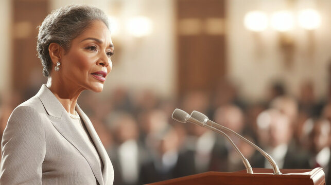 Black mature woman speaking at public event with audience in background