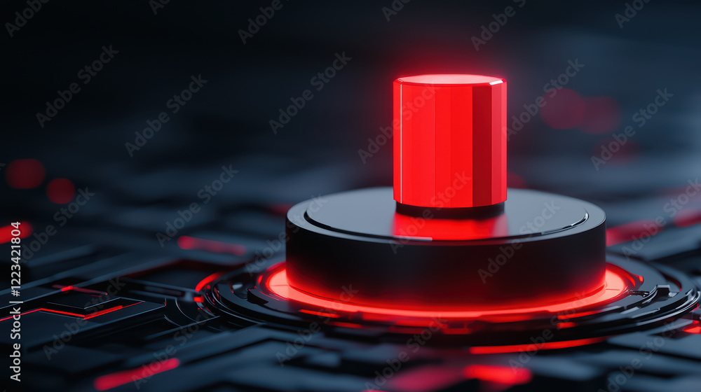 Poster striking red button on dark, futuristic background symbolizes power and control