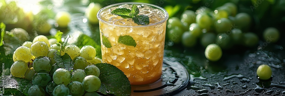 Poster refreshing beverage with mint leaves and grapes under soft lighting in a modern setting. generative 
