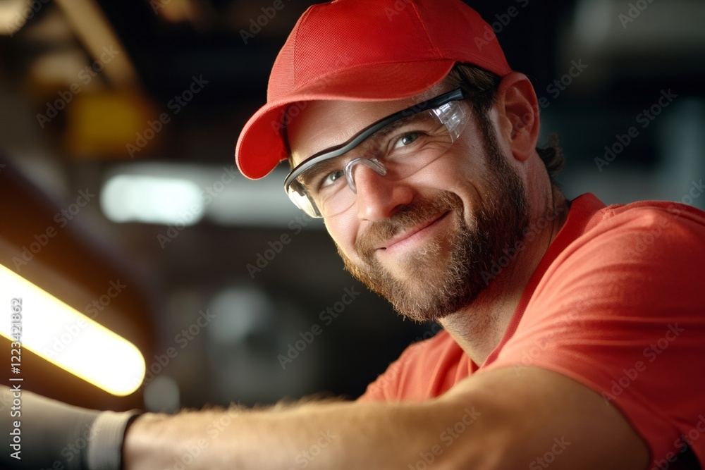 Poster portrait of smiling worker wearing protective glasses and red cap in factory