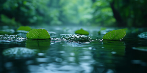 Water droplets on floating leaves in tranquil water