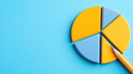 Fototapeta premium Colorful pie chart on blue background with pencil