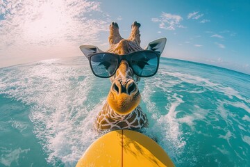 giraffe rides a surfboard on the ocean waves wearing sunglasses. close up. Fisheye lens.