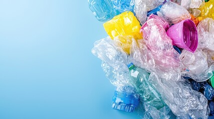 Fototapeta premium Colorful plastic waste on blue background; recycling awareness campaign