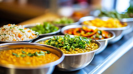 Obraz premium Close-up of a Dal Bhat platter, consisting of dal (lentil soup), bhat (rice), vegetable curry, and achar (pickle), capturing the vibrant colors and textures of traditional Nepali f