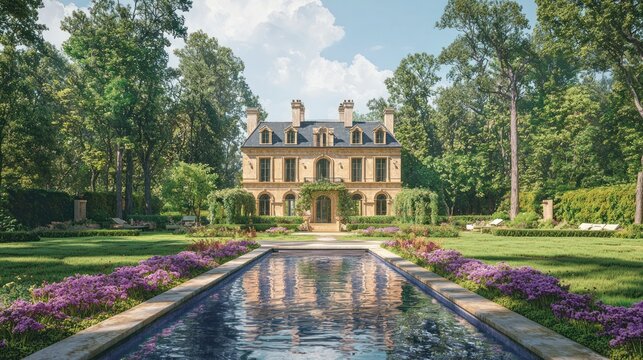 French chateau, garden, reflection pool, sunny day, luxury real estate