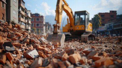 scene from Kathmandu after the 2015 Nepal earthquake, showing fallen buildings and debris scattered in the streets, capturing the destruction of heritage sites and the ongoing reco