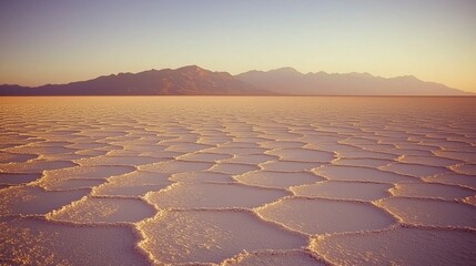 Vast Salt Flats with Fractured Hexagonal Patterns, Jagged Mountains, and a Hazy Gradient Sky Reflecting the Day's Last Light, Landscape Wallpaper 