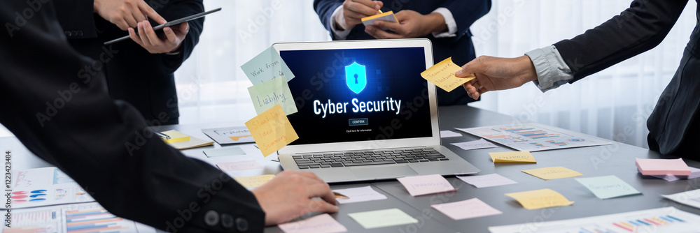 Poster cyber security system on computer screen protect private information brisk from hacker and cyber att