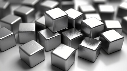 Metal cubes scattered on white background, abstract design, business concept