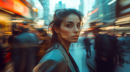 A young woman stands out from a blurry city street scene, her gaze captivating as she navigates the bustling urban environment, conveying a sense of independence and urban exploration