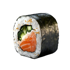 Realistic close-up of a delicious sushi roll featuring fresh salmon, cucumber, and sesame seeds