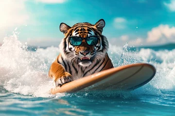 Verduisterende gordijnen tiger rides a surfboard on the ocean waves wearing sunglasses. close up. Fisheye lens. © Alexander Odessa 