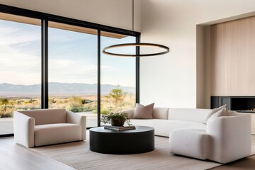 Modern, minimalist living room with large windows offering panoramic views of a desert landscape
