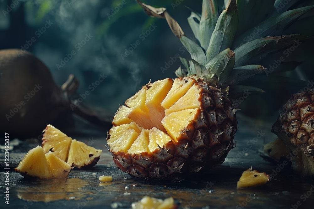 Poster freshly cut pineapple surrounded by slices on a dark surface with natural light highlighting its tex