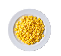 White ceramic bowl of sweet corn kernels isolated on white background, top view.