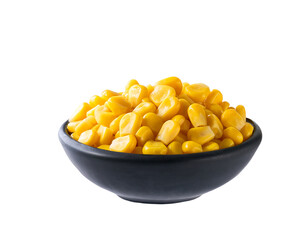 Black ceramic bowl of sweet corn kernels isolated on white background.