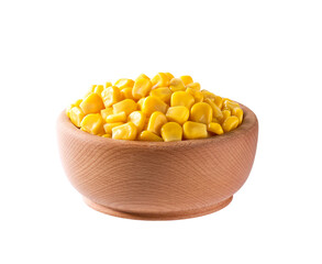 Wooden bowl of sweet corn kernels isolated on white background.