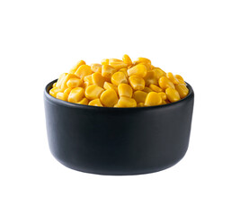 Black ceramic bowl of sweet corn kernels isolated on white background.