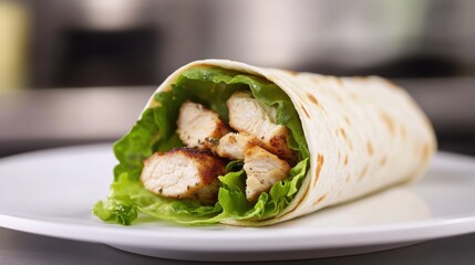 A classic Caesar wrap with crisp romaine lettuce, grilled chicken, Parmesan cheese