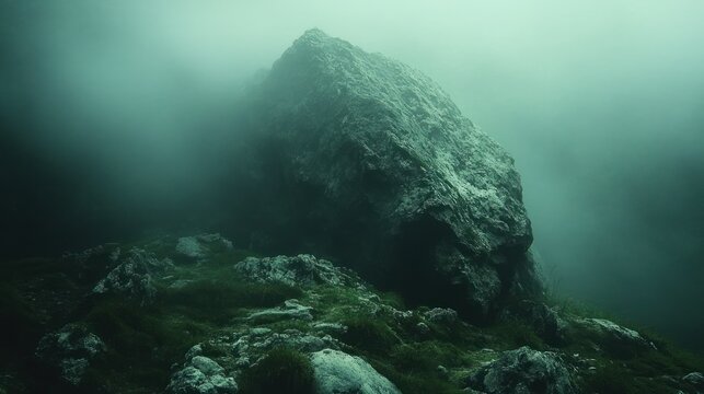 Mysterious underwater rock, foggy lake, moss, exploration