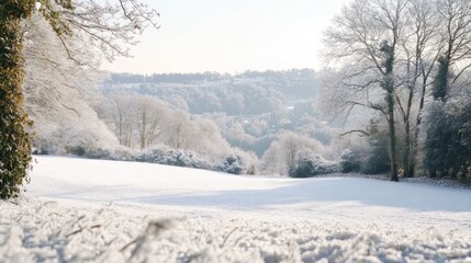 Snow Covered Winter Landscape With Trees and Hills