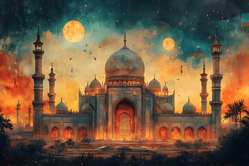 Fantasy Illustration of Grand Mosque with Glowing Lights under Dusk Sky with Two Moons

