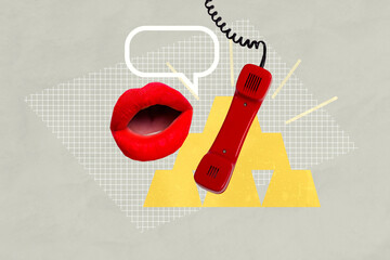 Poster trend sketch template 3D photo collage of conversation app social media network landline...