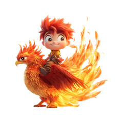Fluffy 3D Cartoon Character Riding a Glowing Phoenix Isolated on Transparent Background