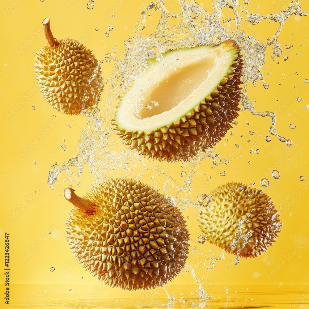 Aufkleber fresh durians splashing in water against a vibrant yellow background create a lively and engaging fr