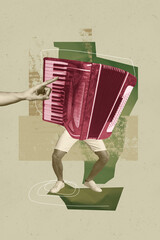 Trend artwork banner sketch 3D photo collage of anonymous man legs wear body concert accordion piano hand finger touch keys melody