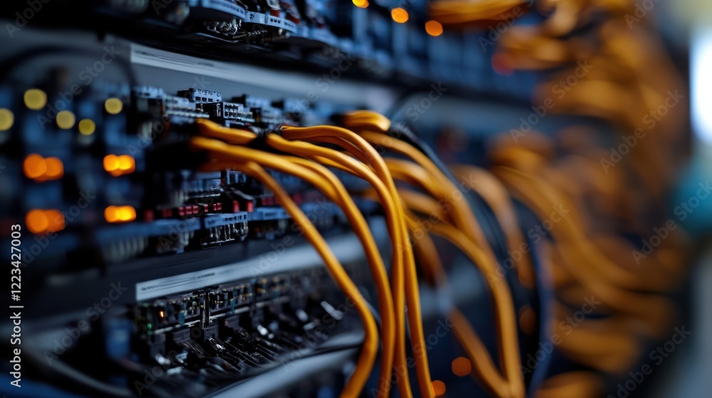 Poster close-up of network server cables in data center with blurred background