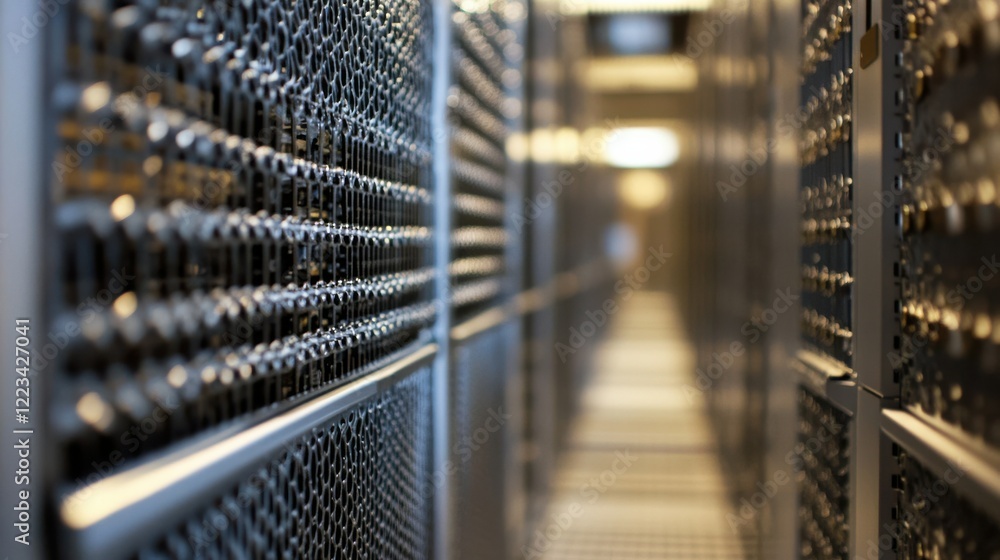 Poster technology: perspective view of modern data center with server racks
