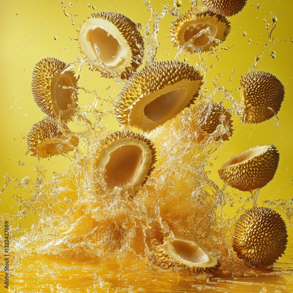 Poster fresh durian halves splashing in vibrant yellow liquid create an artistic display of fruit and color