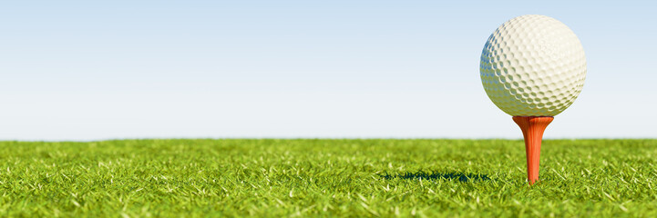 A golf ball on a tee, set against a clear sky and grassy field, ready for a swing. Banner 3d rendering