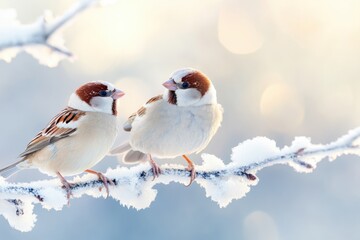 Duo of fluffy sparrows perched on a snow-dusted branch, showcasing calm winter moment in natures serene setting