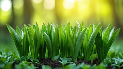 New grass shoots sunrise forest growth spring