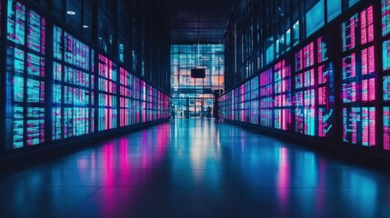 Neon Lit Corridor Displays Data Streams In Digital Panels