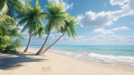 Serene tropical beach with swaying palm trees under blue sky